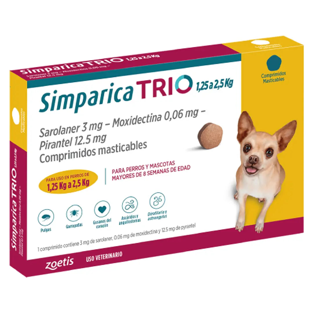 Simparica Trio Perros de 1.25 a 2.5 kg —  5 mg x 1 Comprimido Masticable