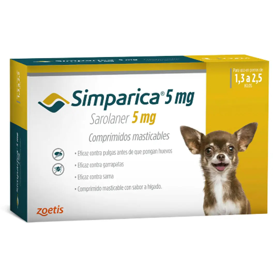 Simparica Perros de 1.3 a 2.5 kg — 5 mg x 3 Comprimidos Masticables