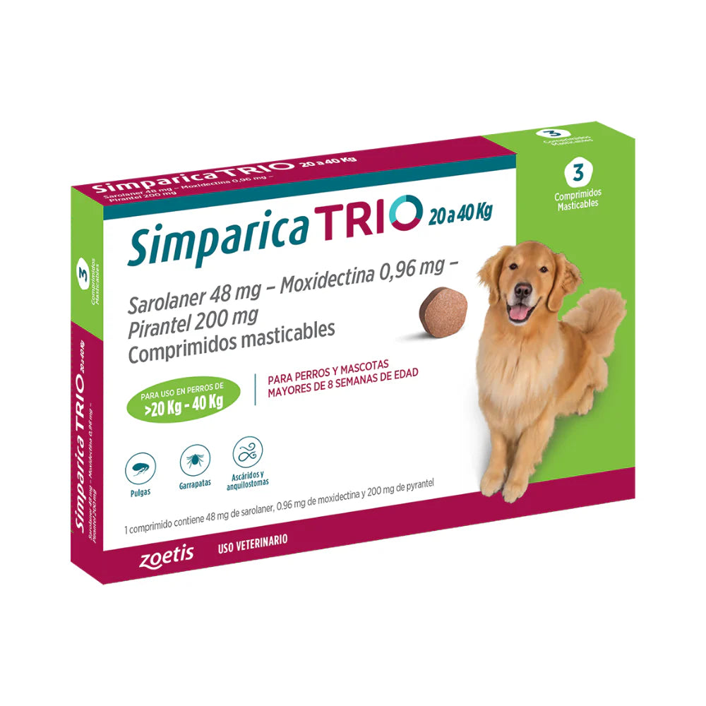 Simparica Trio Perros de 20 a 40 kg — 80 mg x 3 Comprimidos Masticables - Guatita Pet