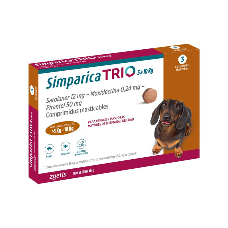 Simparica Trio Perros de 5 a 10 kg — 20 mg x 3 Comprimidos Masticables - Guatita Pet