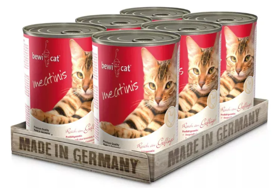 6 Latas BewiCat Meatinis Rico en Ave 400 gr c/u