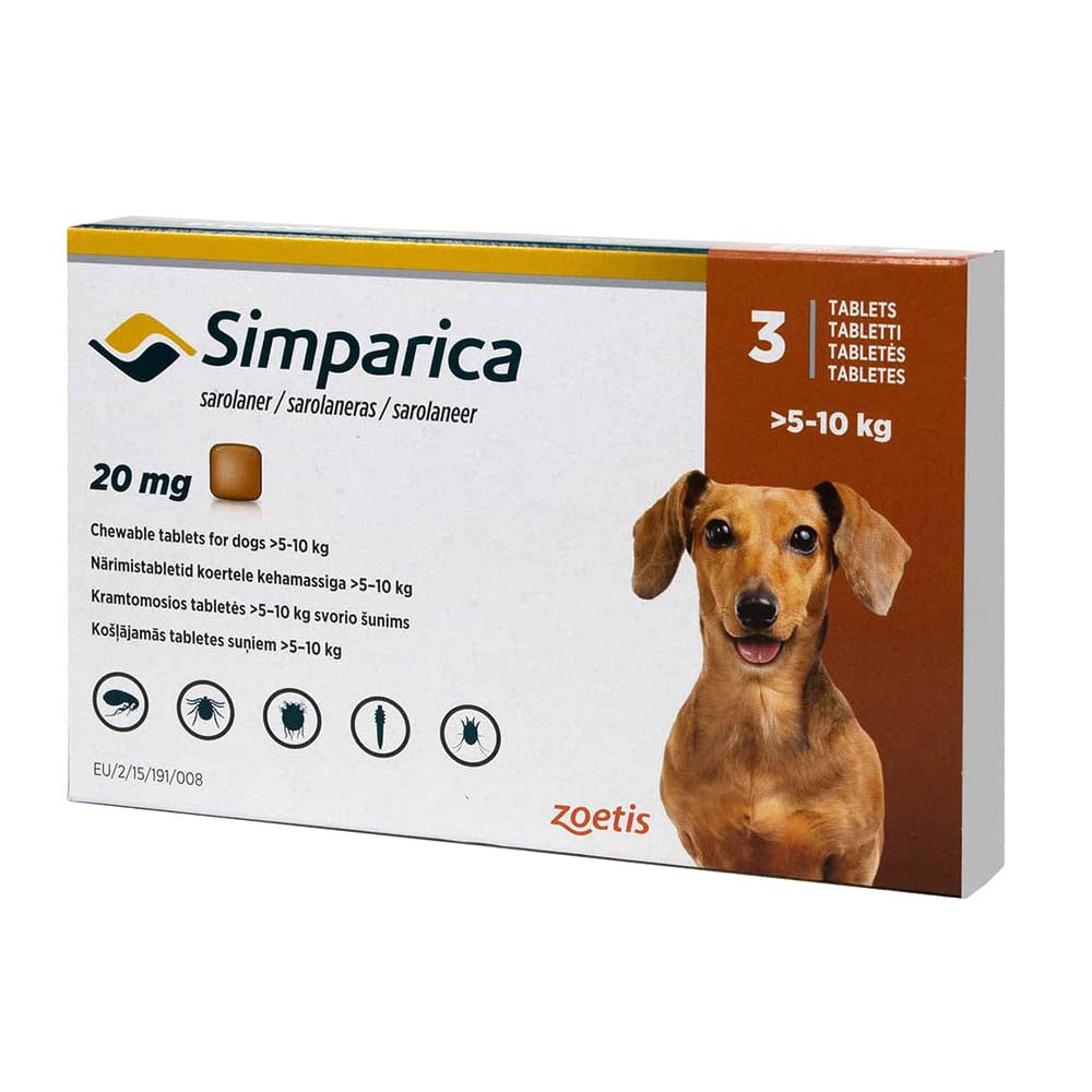 Simparica Perros de 5 a 10 kg — 20 mg x 3 Comprimidos Masticables