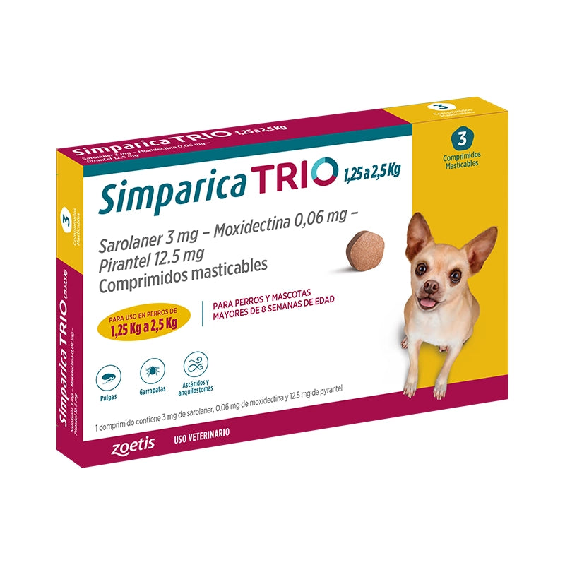 Simparica Trio Perros de 1.25 a 2.5 kg — 5 mg x 3 Comprimidos Masticables - Guatita Pet