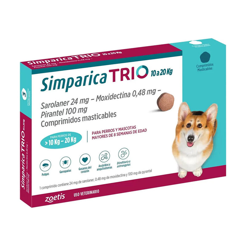 Simparica Trio Perros de 10 a 20 kg — 40 mg x 3 Comprimidos Masticables - Guatita Pet