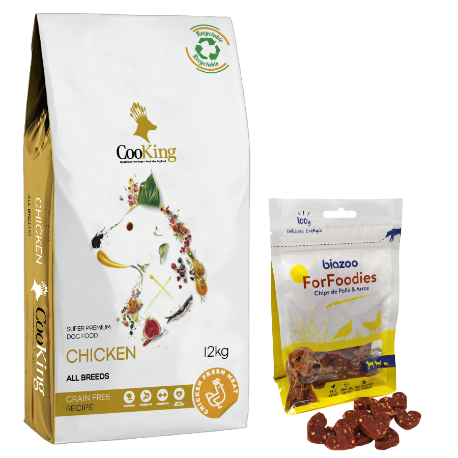 Alimento Cooking Perro Adulto Pollo 12 kg + Chips Forma Corazón Sabor Pollo y Arroz Biozoo 100 gr
