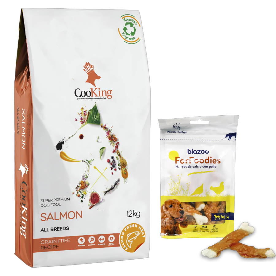 Alimento Cooking Perro Adulto Salmón 12 kg + Chips Forma Corazón Sabor Pollo y Arroz Biozoo 100 gr