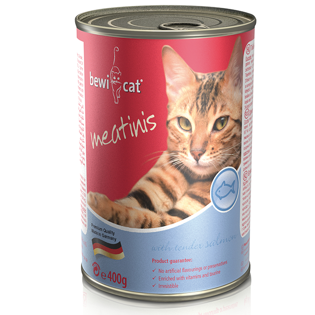Lata BewiCat Meatinis Rico en Salmón 400 gr | Alimento Húmedo Premium Gatos