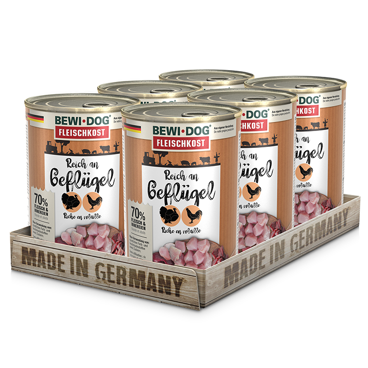 Pack 6 Latas BewiDog Rico en Ave 800 gr | Alimento Húmedo Premium Perros