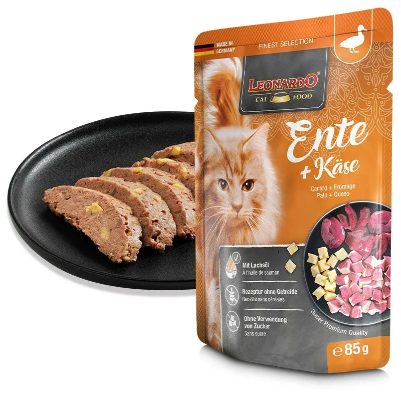 16 Sobres Leonardo Gato Sabor Pato y Queso 85 gr c/u