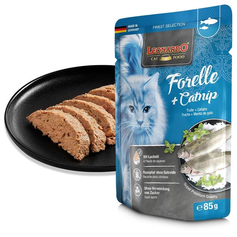 16 Sobres Leonardo Gato Sabor Trucha y Hierba Gatera 85 gr c/u