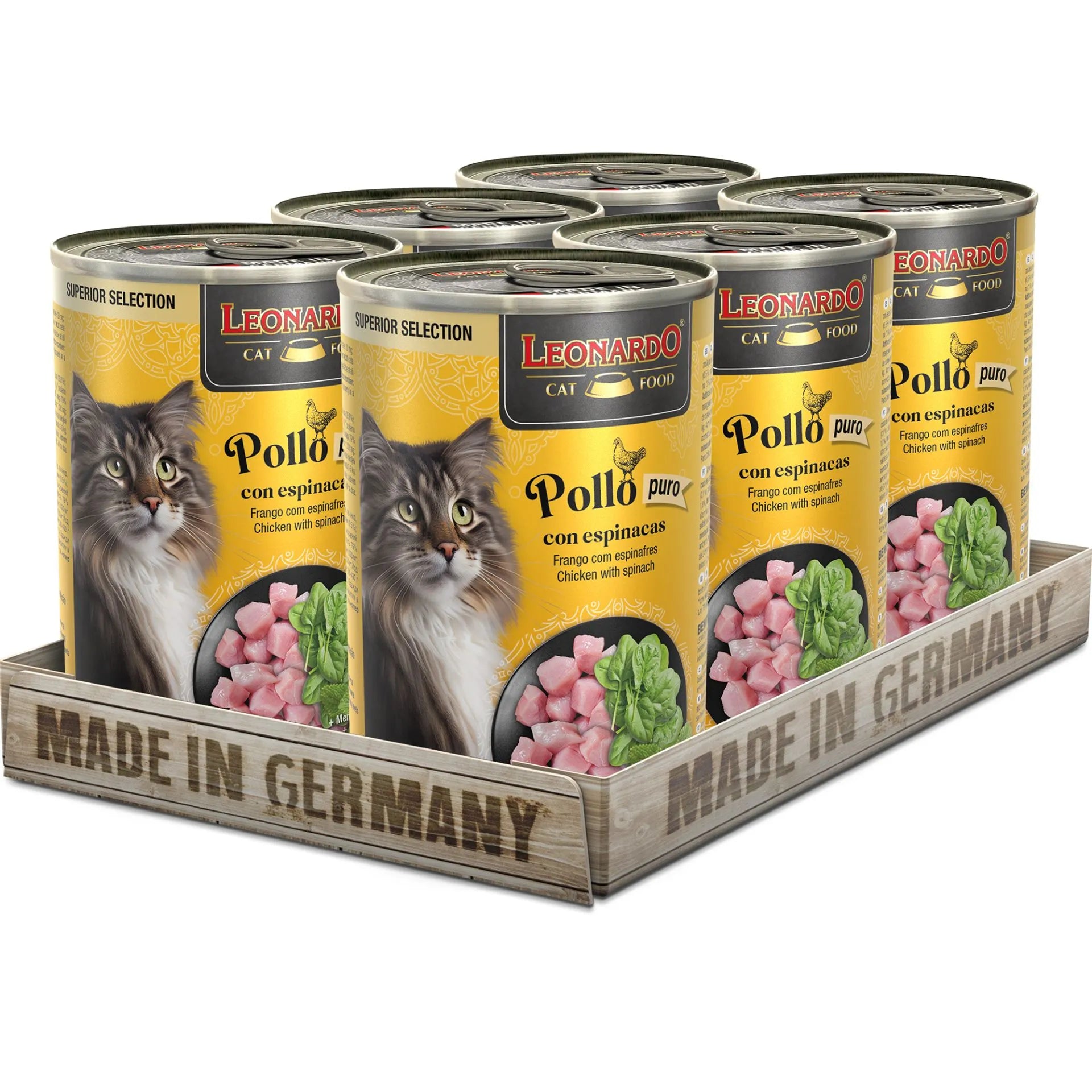 Leonardo Superior Selection para Gato Sabor Pollo con Espinaca 6 latas 400 gr c/u