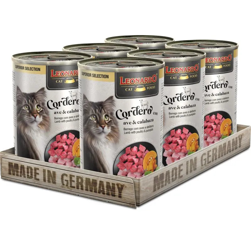 6 latas 400 gr c/u  Leonardo Superior  Selection para Gato  Sabor Cordero con  Ave y Calabaza