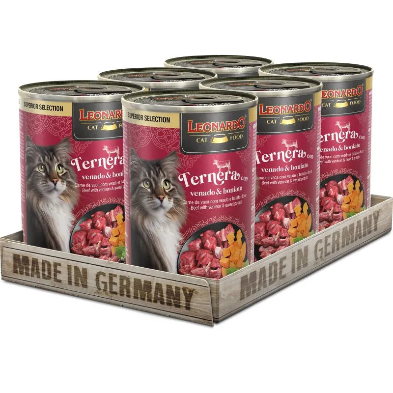 6 latas 400 gr c/u  Leonardo Superior  Selection para Gato  Sabor Ternera con  Venado y Camote