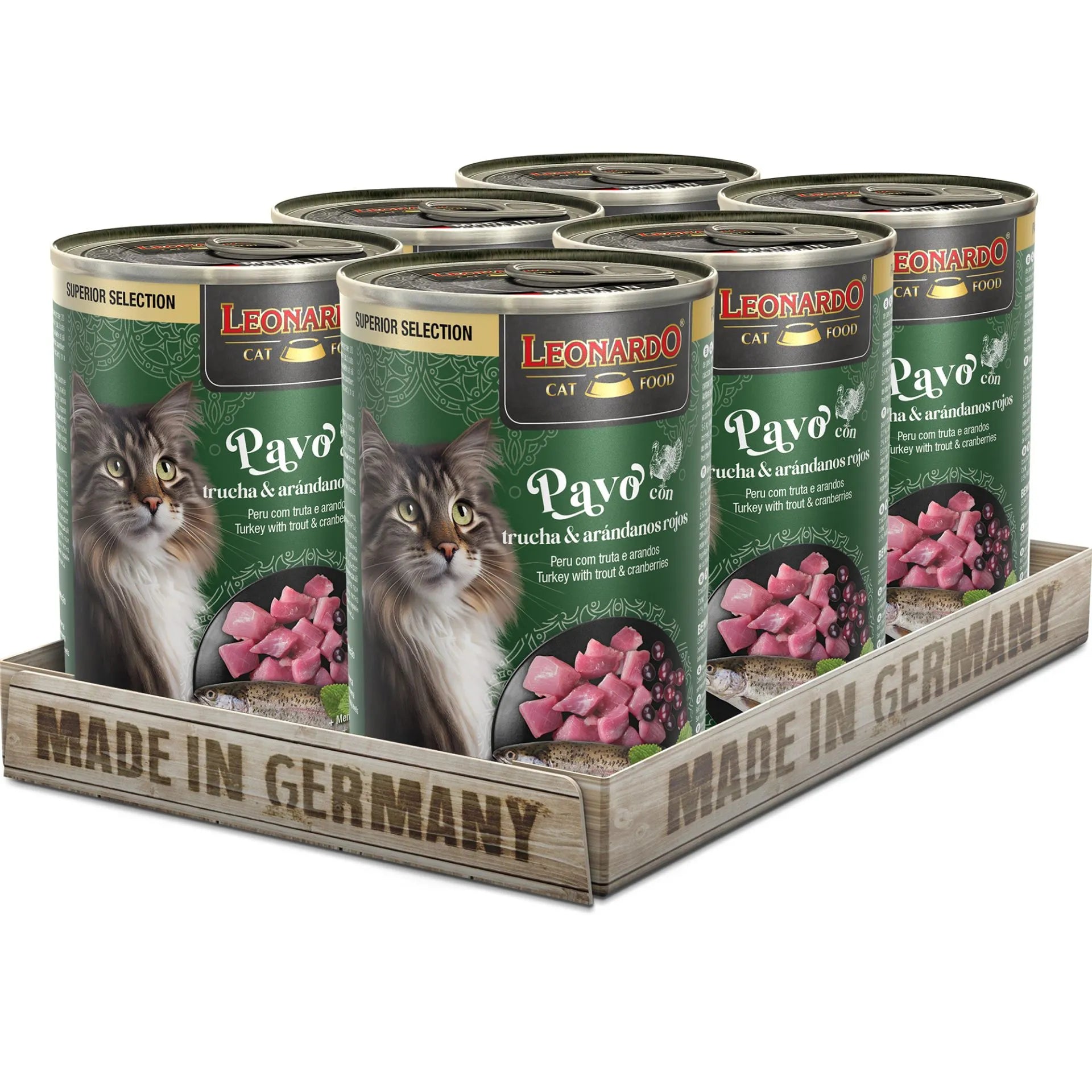 6 latas 400 gr c/u  Leonardo Superior  Selection para Gato  Sabor Pavo con  Trucha y Arándanos