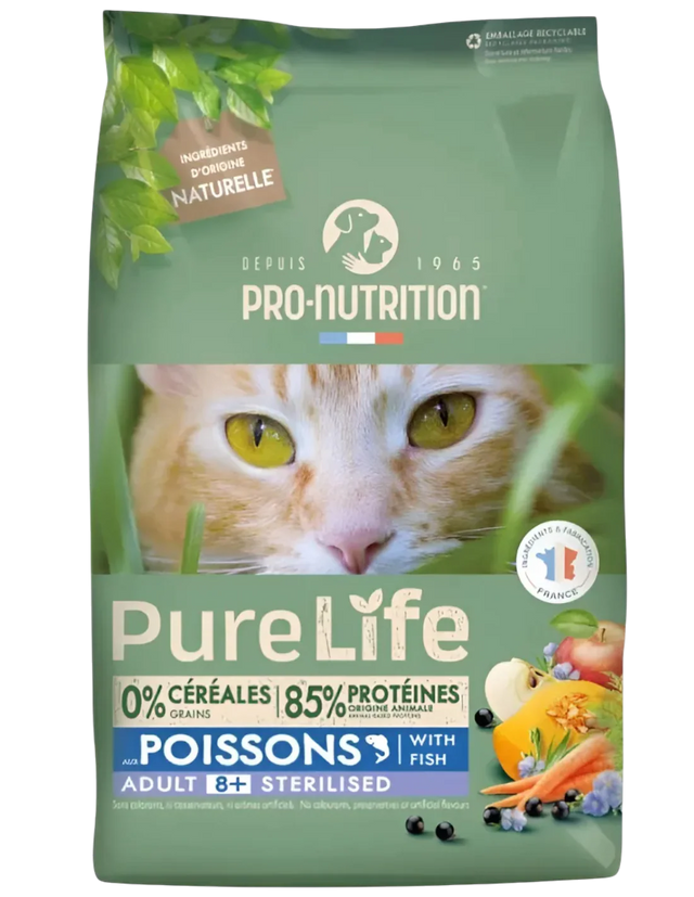 Pro-Nutrition Pure Life Gato Adulto Senior 8+ Esterilizado Sabor Pescado 8 kg - Guatita Pet