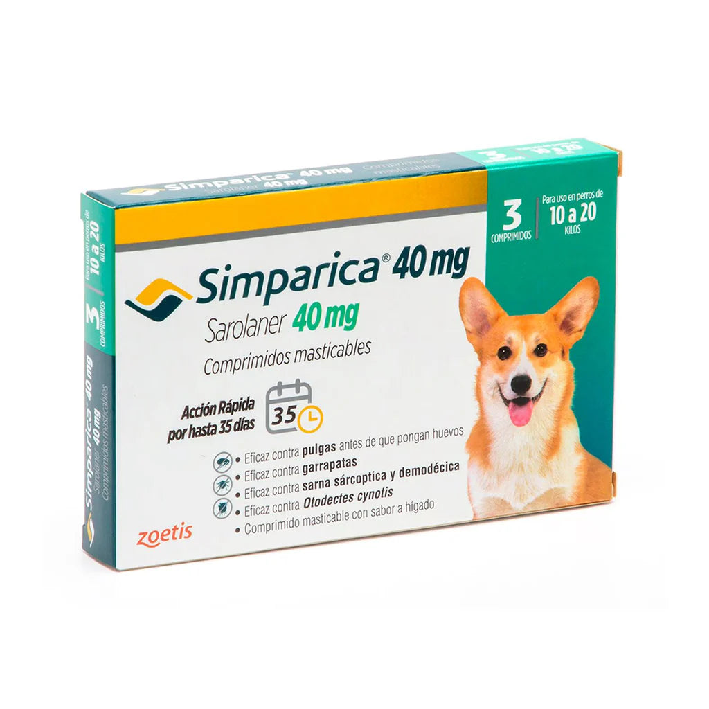 Simparica Perros de 10 a 20 kg — 40 mg x 3 Comprimidos Masticables