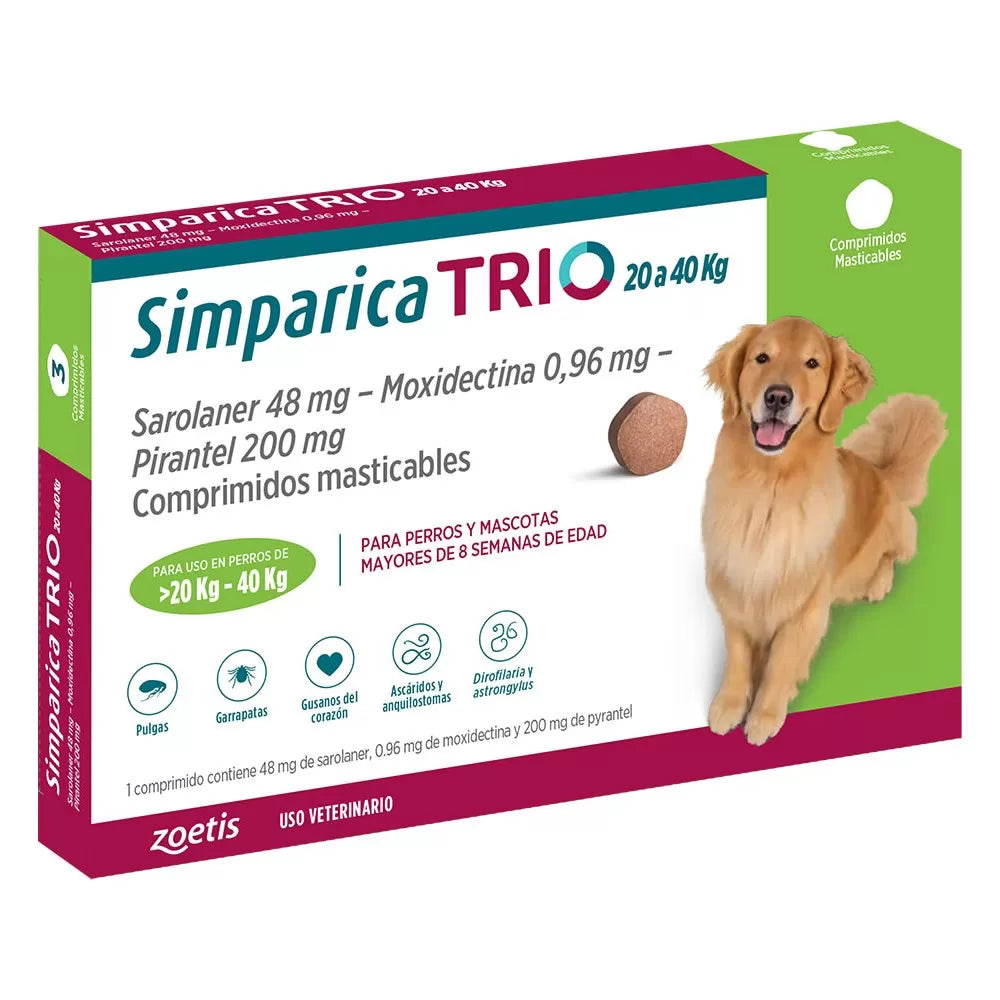 Simparica Trio Perros de 20 a 40 kg — 80 mg x 1 Comprimido Masticable - Guatita Pet
